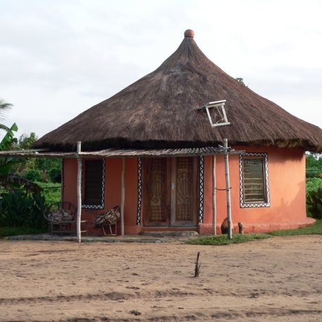 A solar panel on a thatch roof