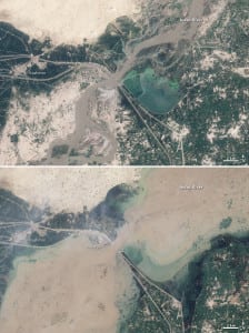 The image on the bottom shows flooding near Kashmor, Pakistan in August, 2010, while the top image shows the same region a year earlier for comparison. Images by NASA Goddard Space Flight Center / Flickr 