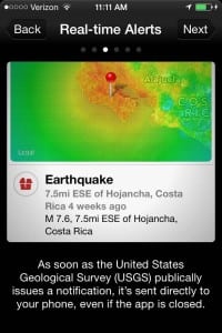 The Red Cross uses Twitter to share information about its disaster information apps, which in turn draw on data from government agencies. This screen shot shows the organization's earthquake information app informed by the United States Geological Survey.