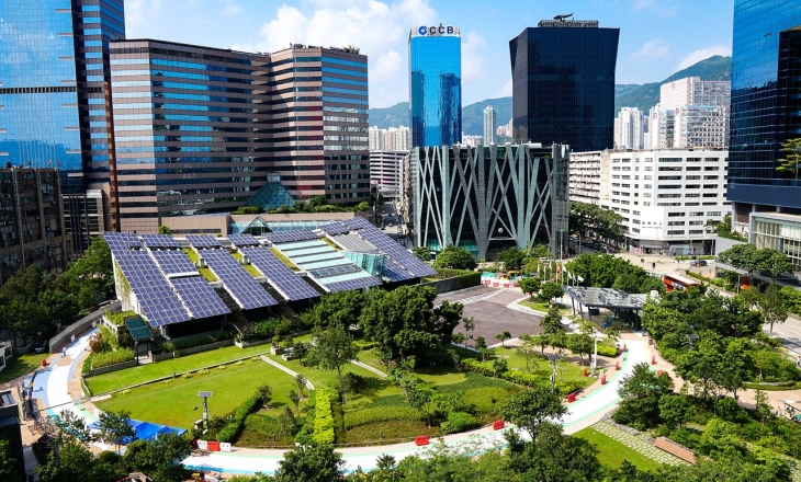 Image of city sourcing power from solar panels.