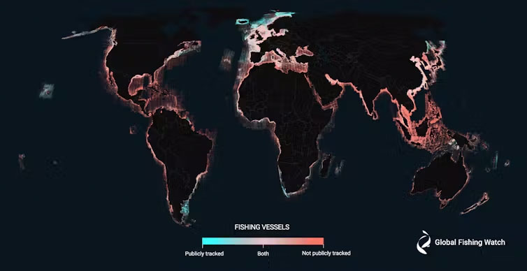 A world map shows large areas where industrial fishing activity is not publicly tracked or recorded.