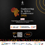 Promotional poster for the Engineering in Africa Conference 2026. The design features a dark black background with orange and gold accents and a stylized outline of the African continent. At the top is the NSBE Ghana logo. Large central text reads: “Engineering in Africa Conference 2026.” The conference theme is: “Engineering Africa’s Future: Innovation, Infrastructure & Impact.” Event details are displayed in a white information banner: September 10 to 12, 2026, at Ohene Konadu Auditorium, UPSA, beginning at 10:00 AM. Below is a QR code labeled “Scan to Register Now” and a badge stating “Free to Attend.” The bottom section contains rows of sponsor, partner, and media partner logos, including organizations such as Engineering for Change, UNESCO, ACET, Unilever, Firefly IO, Betech Connected, ACE Live Studios, Nua TV, MX24 TV, and Joy News. Decorative geometric patterns in orange, red, and gold appear along the bottom edge of the poster