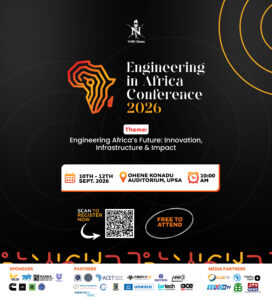 Promotional poster for the Engineering in Africa Conference 2026. The design features a dark black background with orange and gold accents and a stylized outline of the African continent. At the top is the NSBE Ghana logo. Large central text reads: “Engineering in Africa Conference 2026.” The conference theme is: “Engineering Africa’s Future: Innovation, Infrastructure & Impact.” Event details are displayed in a white information banner: September 10 to 12, 2026, at Ohene Konadu Auditorium, UPSA, beginning at 10:00 AM. Below is a QR code labeled “Scan to Register Now” and a badge stating “Free to Attend.” The bottom section contains rows of sponsor, partner, and media partner logos, including organizations such as Engineering for Change, UNESCO, ACET, Unilever, Firefly IO, Betech Connected, ACE Live Studios, Nua TV, MX24 TV, and Joy News. Decorative geometric patterns in orange, red, and gold appear along the bottom edge of the poster