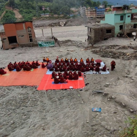 Buddhist monks conducting death rituals in Nepal’s Trishuli river valley in September 2026 to honour victims of devastating flash floods. Credit: Usha Titikshu, CC BY